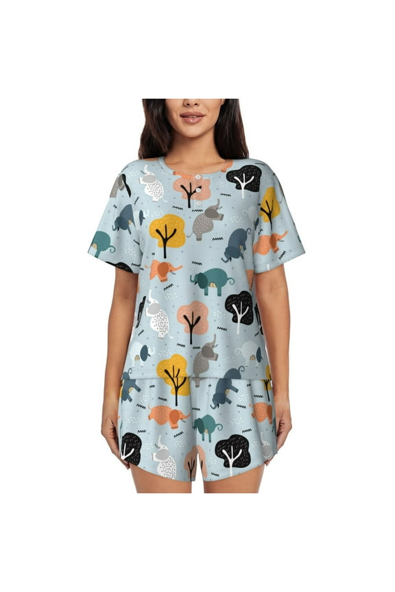 Elephant Tree Print Pajamas Sets for Women Short-Sleeved Pjs with Lounge Shorts Two Piece Sleepwear S-4XL