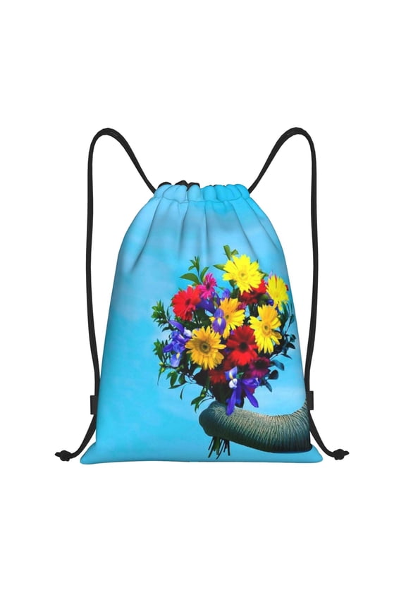 Elephant Trunk Couple Flowers Print Drawstring Backpack Bag,Waterproof Draw String Back Sack, Gym Drawstring Bags Swim Bag For Unisex