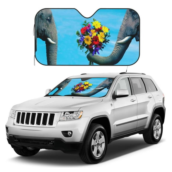Kdxio Elephant Trunk Couple Flowers Print Windshield Sun Shade, Foldable Sun Blocker for Car,Truck,SUV Automotive Interior Sun Protection,Reflective Shade for Front Windshield(Small)