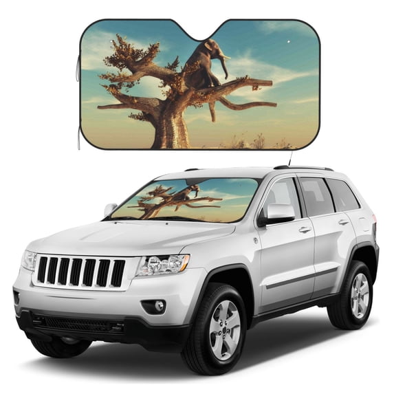 Kdxio Elephant on dry tree Print Windshield Sun Shade, Foldable Sun Blocker for Car,Truck,SUV Automotive Interior Sun Protection,Reflective Shade for Front Windshield(Medium)