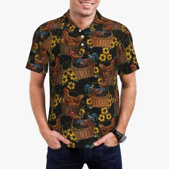 Kdxio Embroidery Chicken Rooster And Sunflowers Print Men's Short Sleeve Polo Shirt,Midweight Men's Shirt