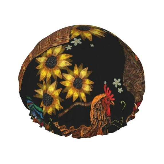 Kdxio Embroidery Chicken Rooster Print Shower Cap for Women,Elastic and Reusable,Double Waterproof Layers Bathing Hat