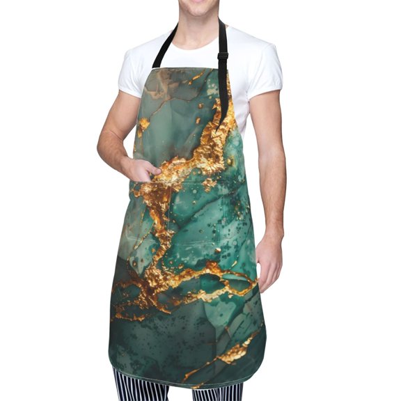 Kdxio Emerald Color Gold Marble Apron with Pockets Adjustable Kitchen Aprons for Men Women Waterproof Aprons for Cooking,Drawing,Crafting, Baking Household Cleaning