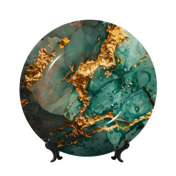 Kdxio Emerald Color Gold Marble Bone China Decorative Plate Ceramic Decorative Plate for Home Office Wall Stand Decorative Plates for Home Bedroom-10in