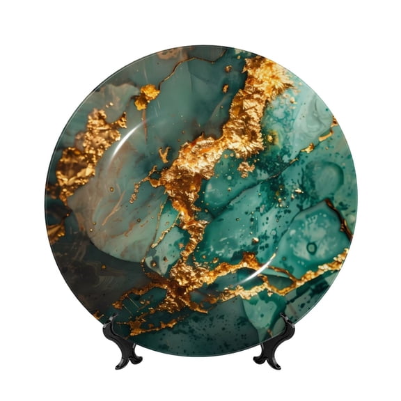 Kdxio Emerald Color Gold Marble Bone China Decorative Plate Ceramic Decorative Plate for Home Office Wall Stand Decorative Plates for Home Bedroom-7in