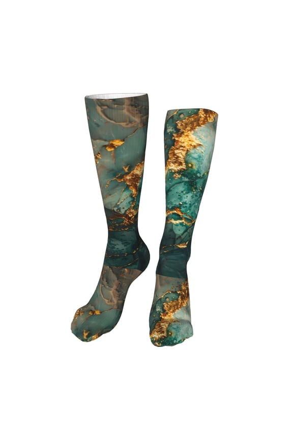 Emerald Color Gold Marble Funny Silky Novelty Funky Long Knee High Socks Soft 3D Print Cosplay Crazy Stockings for Men Women