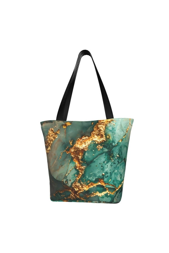 Emerald Color Gold Marble Women Reusable Grocery Bags Foldable Ripstop,Reusable Shopping Bags for Shopping,Gym,Gift