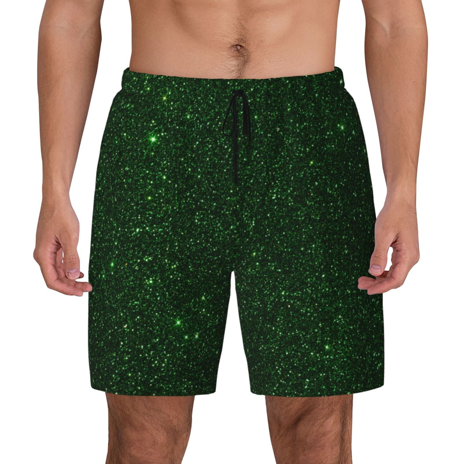 Kdxio Emerald Green Sparkling Print Men's Swim Trunks with Compression