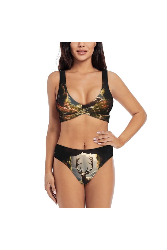 Enchanted Deer In Cave Print Women's 2 Piece High Waisted Wrap Spaghetti Strap Summer Swimsuit Bikini Set-XX-Large