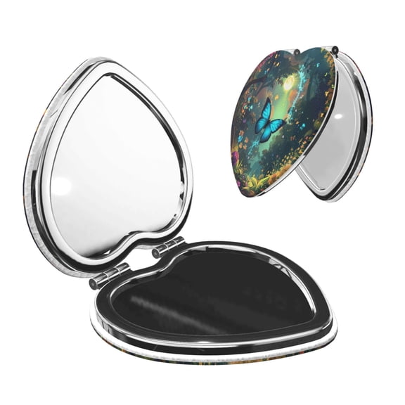 Kdxio Enchanted Forest Butterfly A Pocket Mirror, 1X/2X Travel Makeup Mirror 2-Sided Folding Small Mirror Portable Double-Sided Magnifying Cosmetic Mirror for Gift-Heart Shape