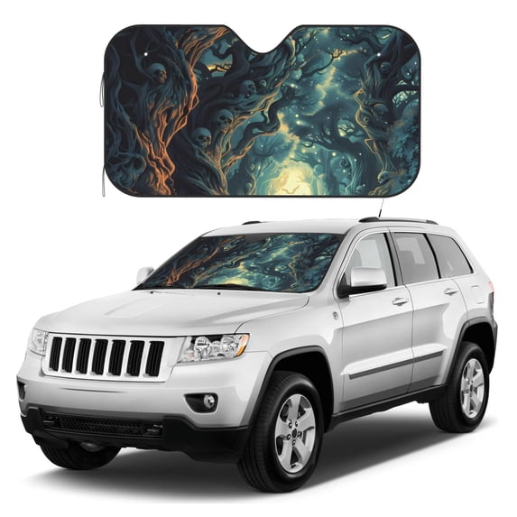 Kdxio Enchanted Forest Skull Path Print Windshield Sun Shade, Foldable Sun Blocker for Car,Truck,SUV Automotive Interior Sun Protection,Reflective Shade for Front Windshield(Medium)