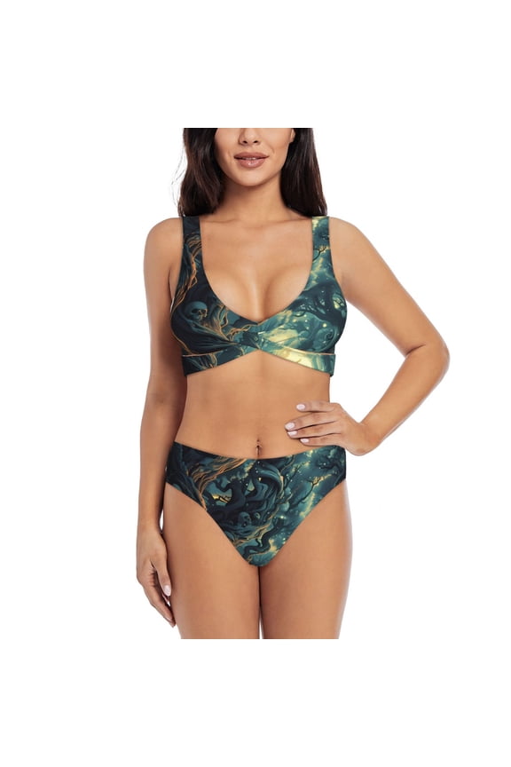 Enchanted Forest Skull Path Print Women's 2 Piece High Waisted Wrap Spaghetti Strap Summer Swimsuit Bikini Set-Small