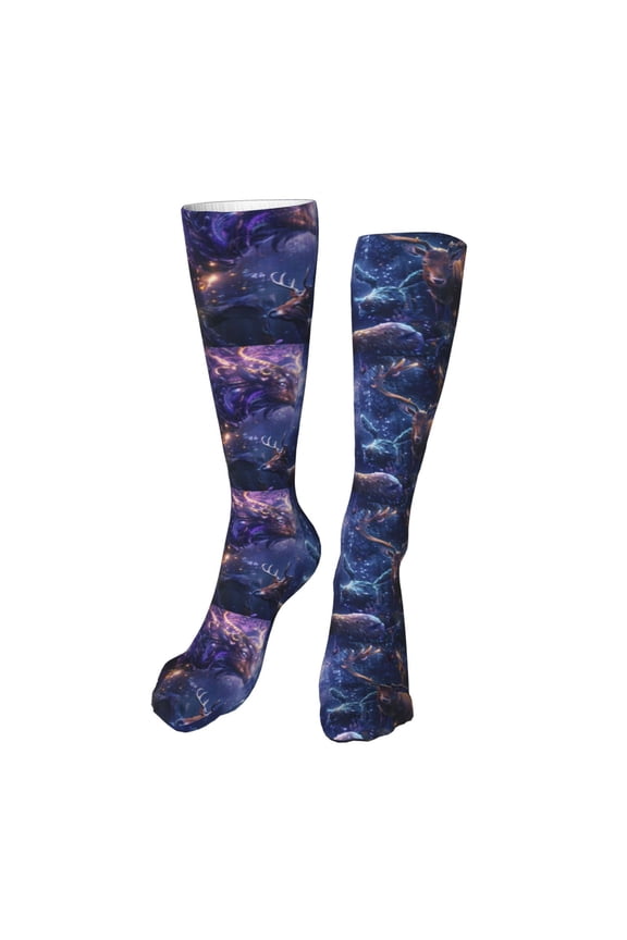 Enchanted Forest Stag Gathering Funny Silky Novelty Funky Long Knee High Socks Soft 3D Print Cosplay Crazy Stockings for Men Women