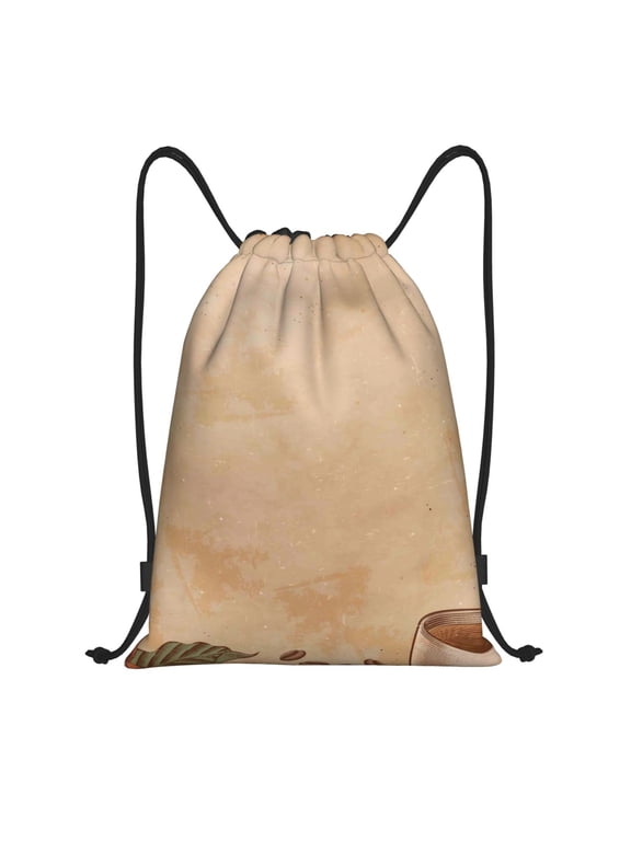 Engraved Coffee On Kraft Paper Print Drawstring Backpack Bag,Waterproof Draw String Back Sack, Gym Drawstring Bags Swim Bag For Unisex