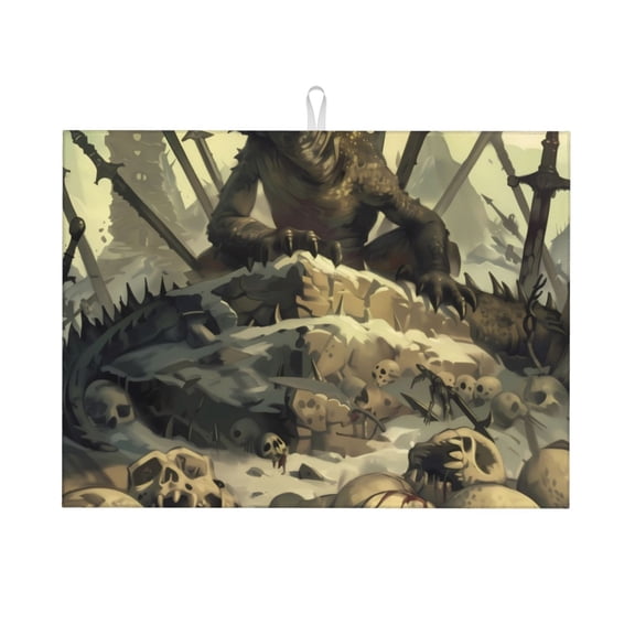 Kdxio Epic Dragon Skull Scene for Dish Drying Mat,24*18 inch Absorbent Dish Drainer Kitchen Counter,Large Size Dish Drying Pad for Countertops,Draining Racks