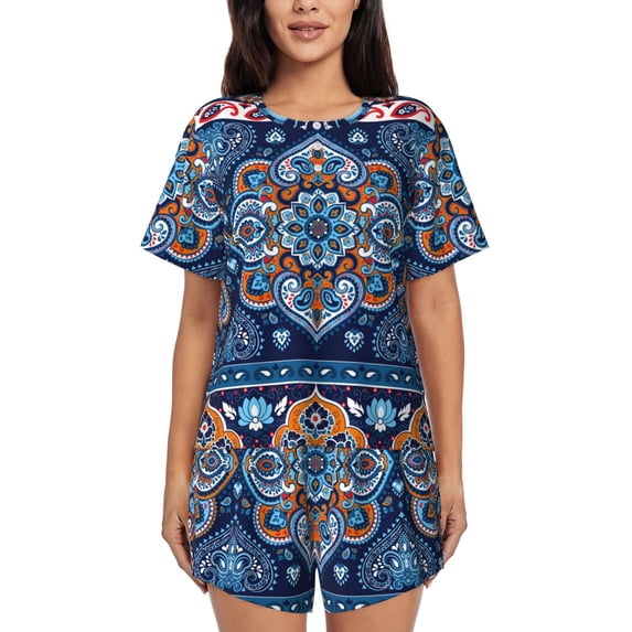 Kdxio Ethnic Mandala Print Pajamas Sets for Women Short-Sleeved Pjs with Lounge Shorts Two Piece Sleepwear S-4XL