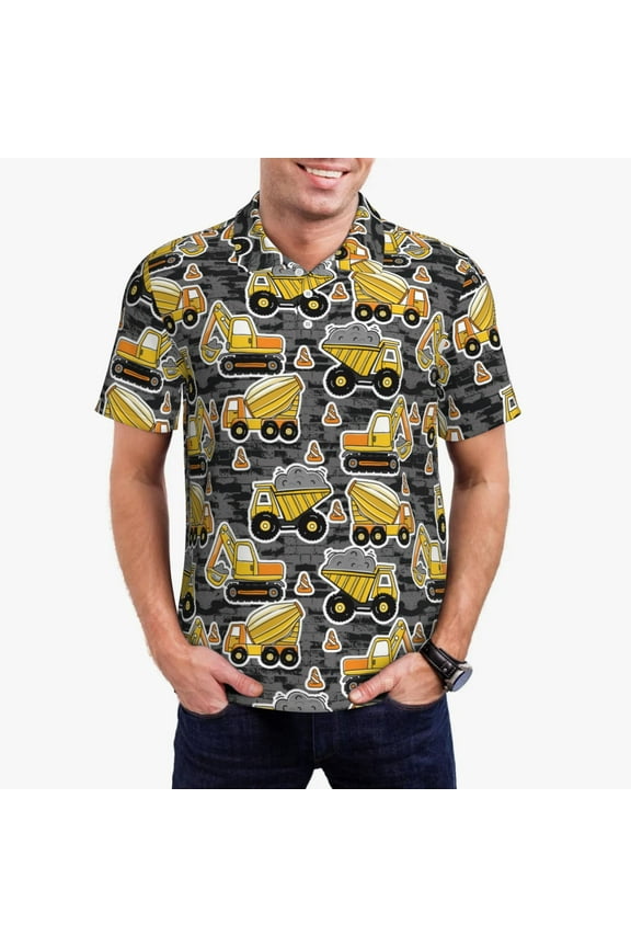 Excavator At Work Print Men's Short Sleeve Polo Shirt,Midweight Men's Shirt