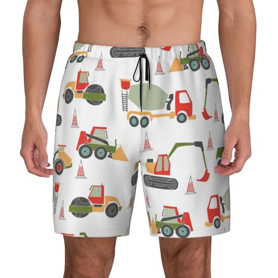 Kdxio Excavator Print Men'S Swim Trunks With Compression Liner 7 Inch Inseam Quick Dry Swim Shorts