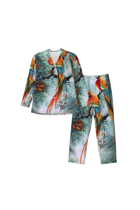 Exotic Birds Forest Men’s Pajama Set Pajamas For Men 2 Piece PJ Set with Men Pajama Pants and Long Sleeve T-Shirt Lounge Set-Large