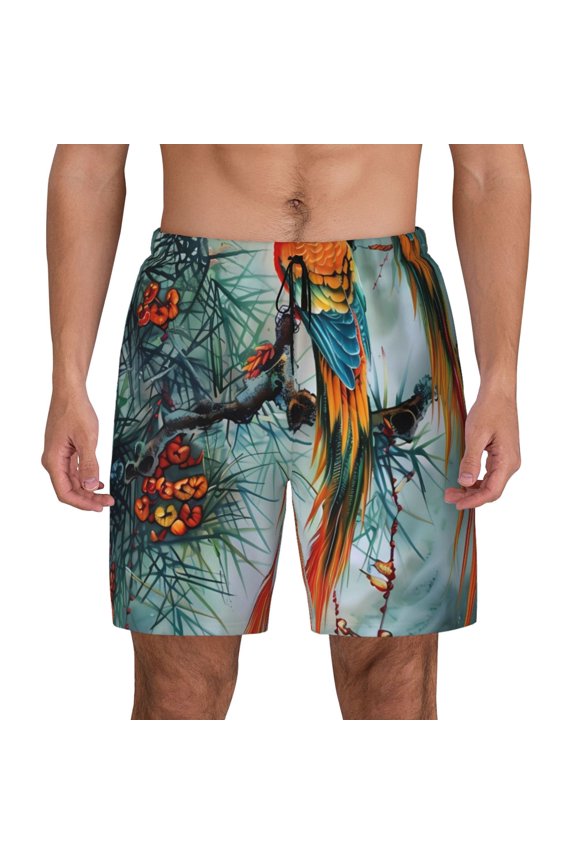Exotic Birds Forest Print Men's Swim Trunks with Compression Liner 7 Inch Inseam Quick Dry Swim Shorts