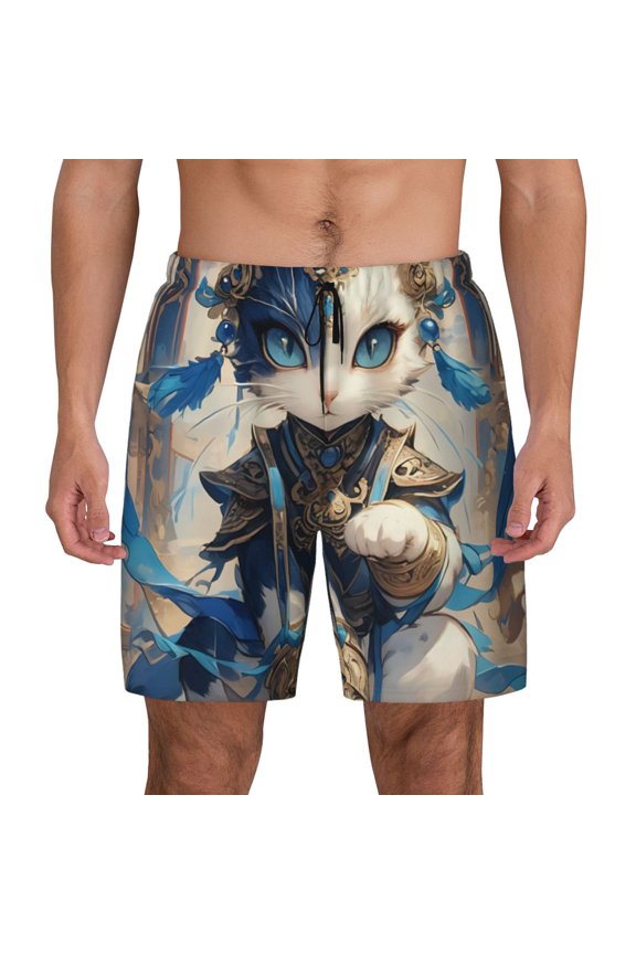 Exotic Blue Cat Print Men's Swim Trunks with Compression Liner 7 Inch Inseam Quick Dry Swim Shorts