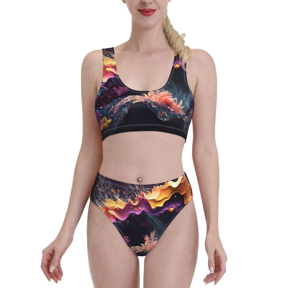 Kdxio Explosive Fluid Splash Art for Womens High Waisted Bikini Top Sports Style Two Piece Bathing Suits