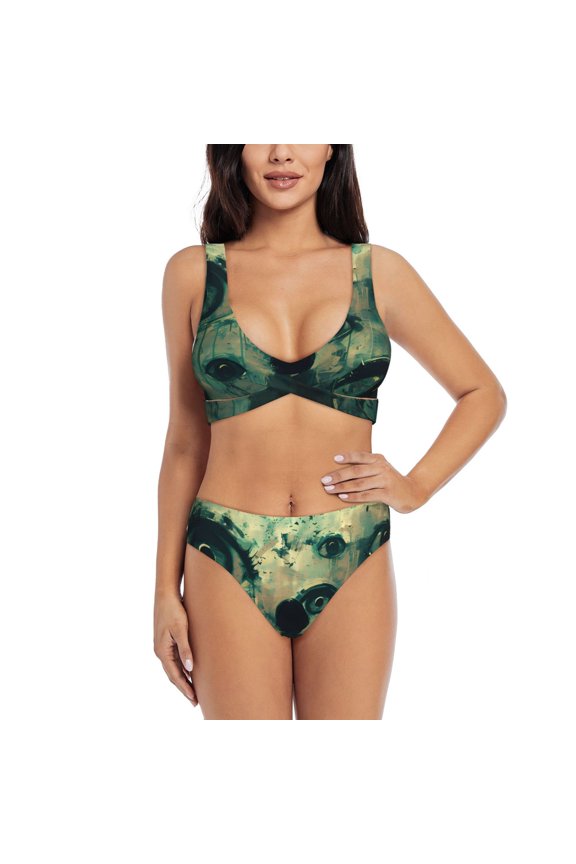 Eyes Watching In The Dark Print Women's 2 Piece High Waisted Wrap Spaghetti Strap Summer Swimsuit Bikini Set-Small