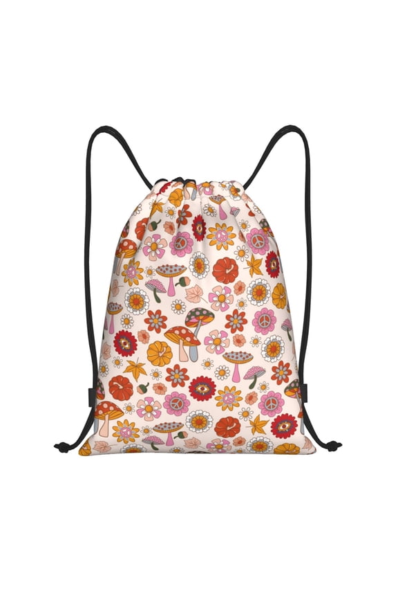 Fall 70s Groovy Hippie Print Drawstring Backpack Bag,Waterproof Draw String Back Sack, Gym Drawstring Bags Swim Bag For Unisex