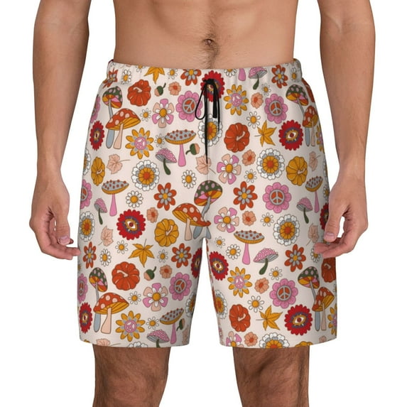 Kdxio Fall 70s Groovy Hippie Print Men's Swim Trunks with Compression Liner 7 Inch Inseam Quick Dry Swim Shorts