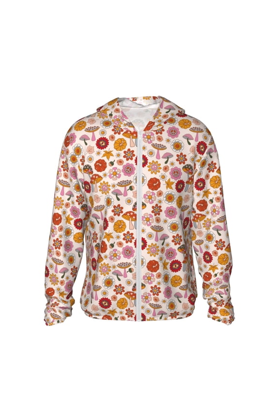 Fall 70s Groovy Hippie Print Women Men Sun Protection UPF 50+ Jackets Zip Up Long Sleeve Hoodie Hiking Lightweight with Pockets