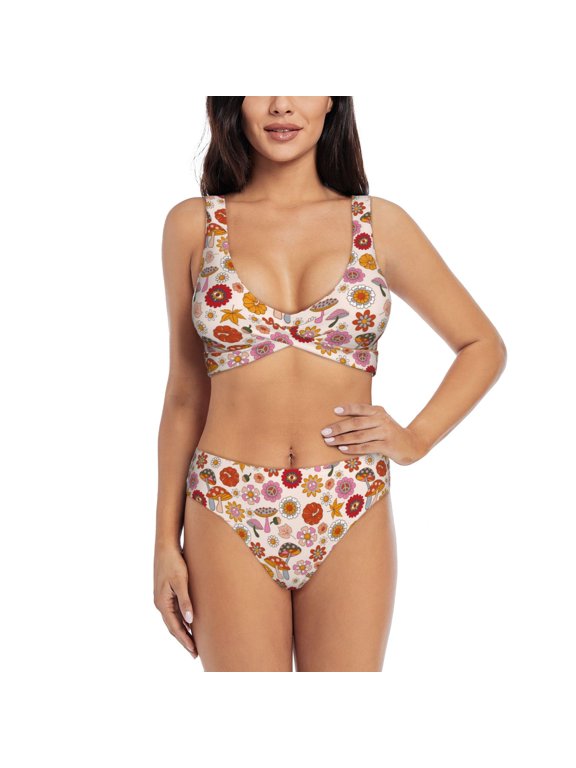 Fall 70s Groovy Hippie Print Women's 2 Piece High Waisted Wrap Spaghetti Strap Summer Swimsuit Bikini Set-XX-Large