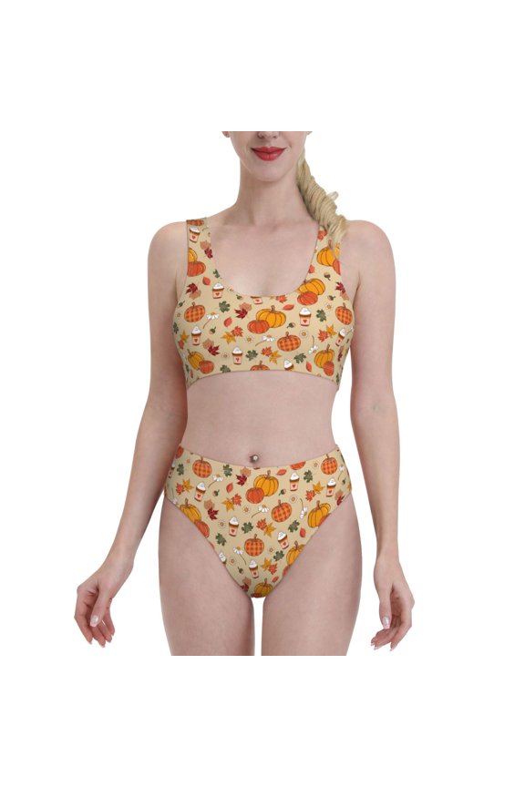 Fall Autumn for Womens High Waisted Bikini Top Sports Style Two Piece Bathing Suits