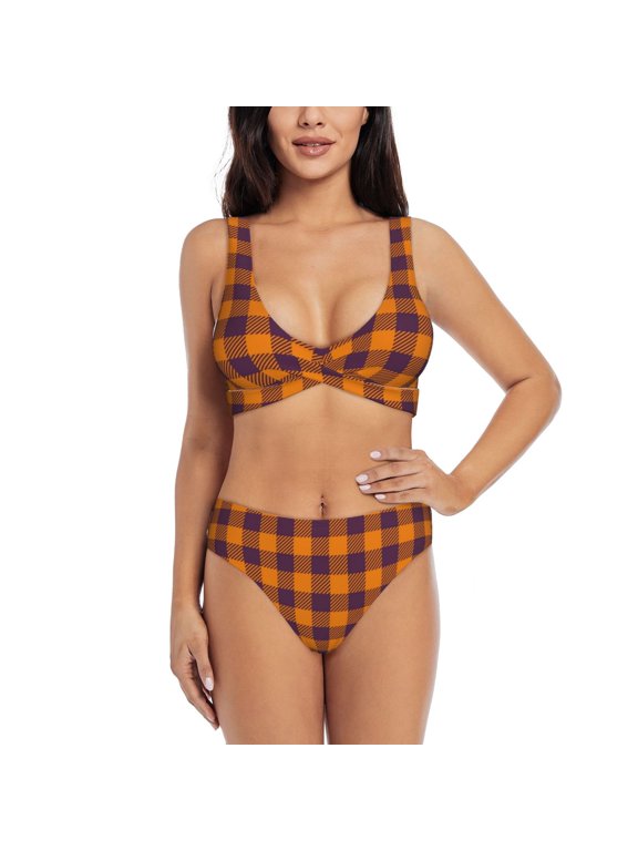 Fall Buffalo Plaid Print Women's 2 Piece High Waisted Wrap Spaghetti Strap Summer Swimsuit Bikini Set-X-Large
