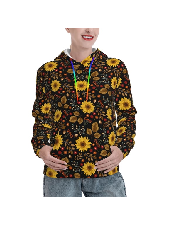 Fall Daisy Leaf Print Womens Oversized Hoodies Sweatshirts Hooded Pullover Tops Sweaters Casual-Large