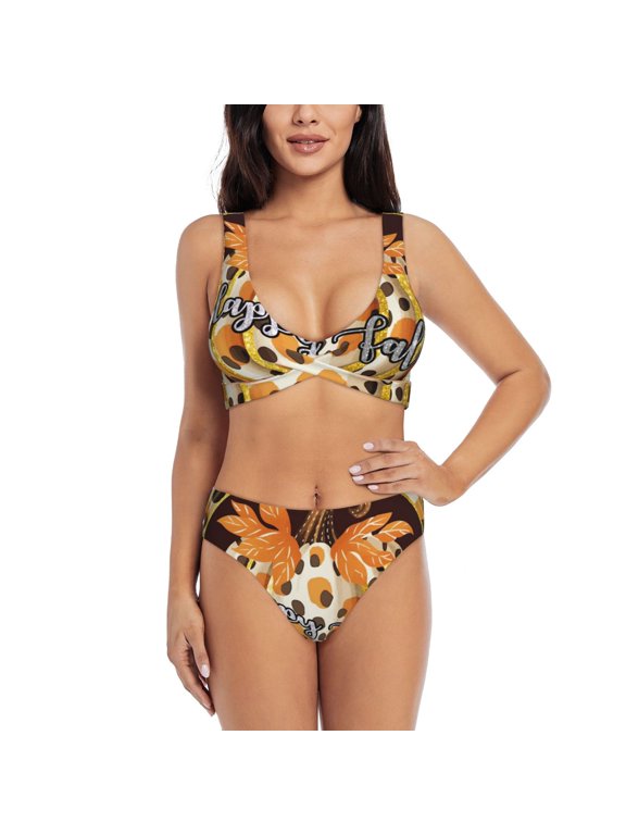 Fall Farmhouse Pumpkins Print Women's 2 Piece High Waisted Wrap Spaghetti Strap Summer Swimsuit Bikini Set-Large