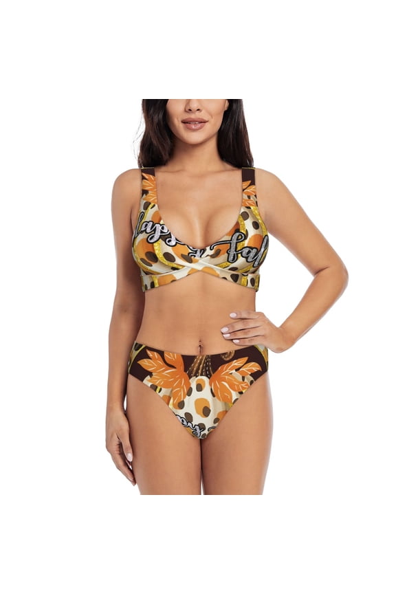 Fall Farmhouse Pumpkins Print Women's 2 Piece High Waisted Wrap Spaghetti Strap Summer Swimsuit Bikini Set-Small