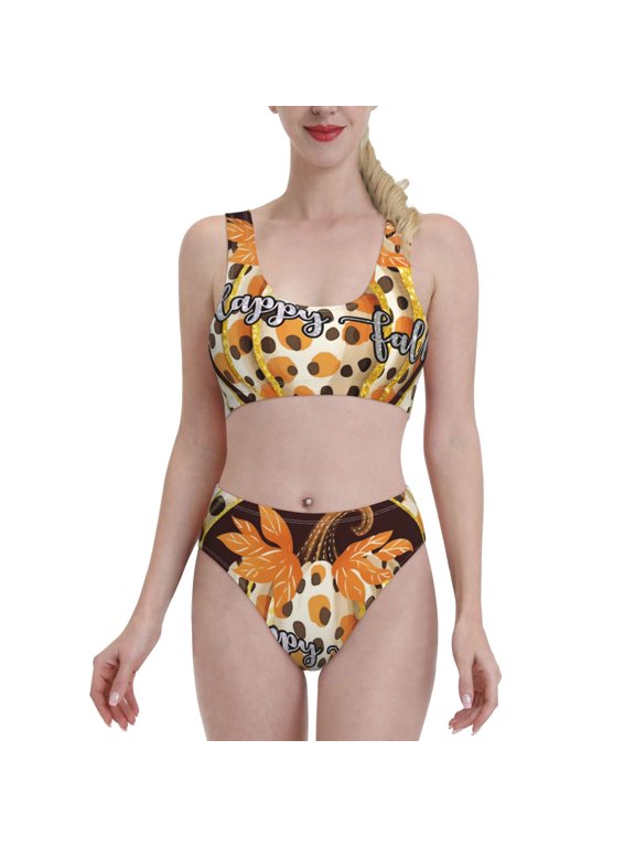 Fall Farmhouse Pumpkins for Womens High Waisted Bikini Top Sports Style Two Piece Bathing Suits