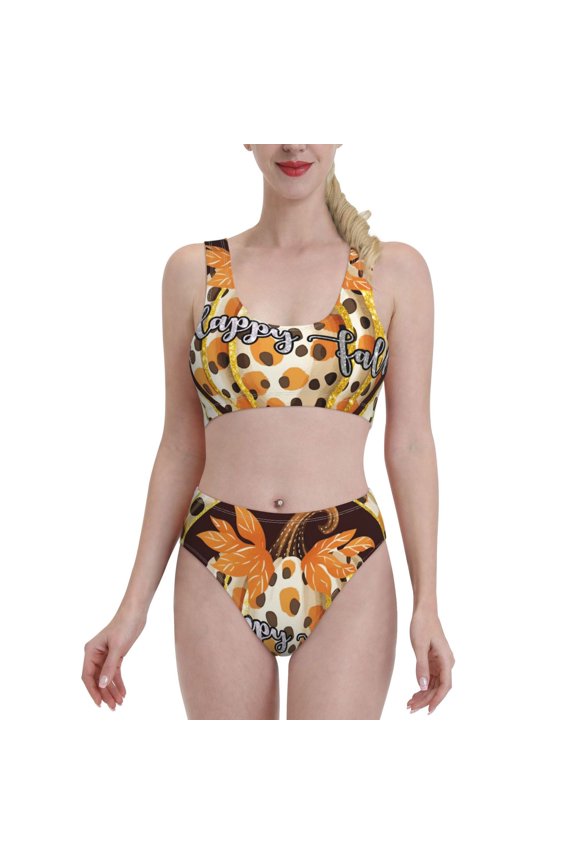 Fall Farmhouse Pumpkins for Womens High Waisted Bikini Top Sports Style Two Piece Bathing Suits