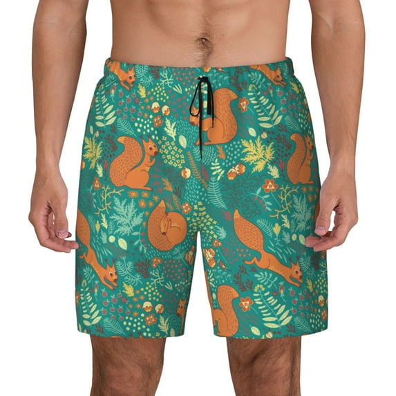 Kdxio Fall Forest Squirrel Print Men's Swim Trunks with Compression Liner 7 Inch Inseam Quick Dry Swim Shorts