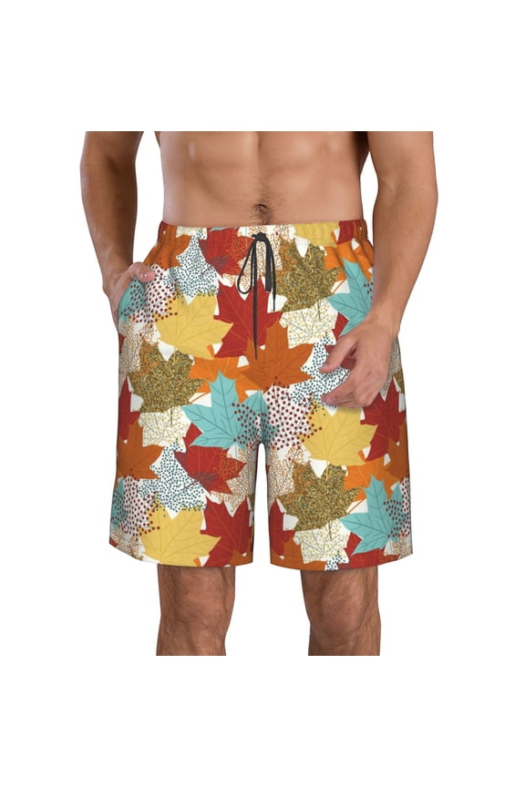Fall Maple Leaves Pattern Mens Casual Shorts - Drawstring Summer Beach Sports Shorts for Men