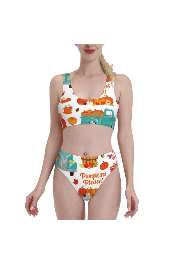 Fall Pumpkins for Womens High Waisted Bikini Top Sports Style Two Piece Bathing Suits