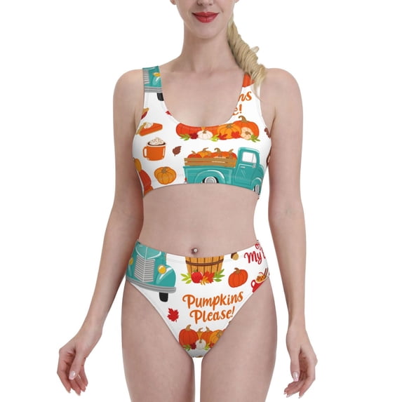 Kdxio Fall Pumpkins for Womens High Waisted Bikini Top Sports Style Two Piece Bathing Suits