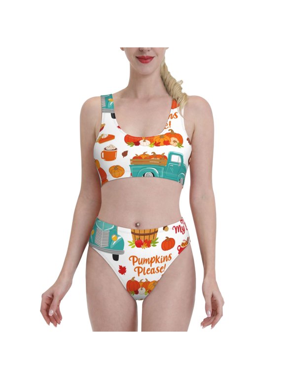 Fall Pumpkins for Womens High Waisted Bikini Top Sports Style Two Piece Bathing Suits