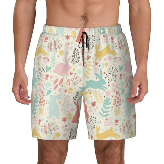 Kdxio Fall Rabbit Print Men's Swim Trunks with Compression Liner 7 Inch Inseam Quick Dry Swim Shorts