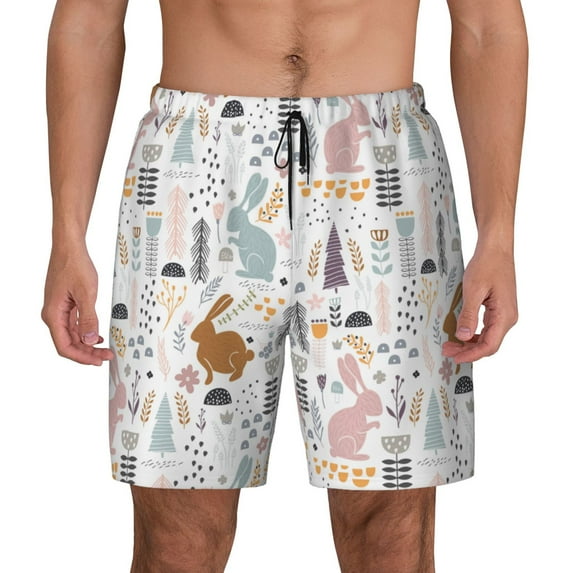 Kdxio Fall Rabbit Print Men's Swim Trunks with Compression Liner 7 Inch Inseam Quick Dry Swim Shorts