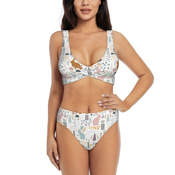 Kdxio Fall Rabbit Print Women's 2 Piece High Waisted Wrap Spaghetti Strap Summer Swimsuit Bikini Set-XX-Large