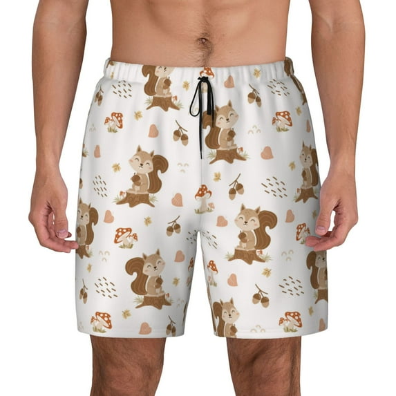 Kdxio Fall Squirrel Print Men's Swim Trunks with Compression Liner 7 Inch Inseam Quick Dry Swim Shorts