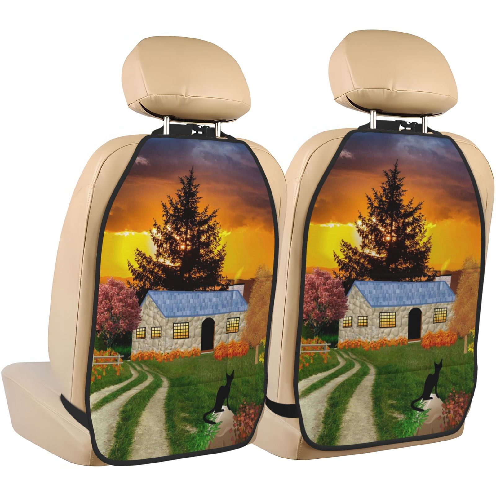 Kdxio Fall Village Scenery Print 2 Pack Car Kick Mat Seat Cover Back Protector Mat with Pockets for Organizer Backseat Protector and Storage Anti Kick Pad for Vehicles