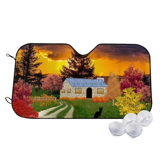Kdxio Fall Village Scenery Print Windshield Sun Shade,UV Rays and Sun Heat Protection,Sunshade for Car Windshield,Car Shade Front Windshield -