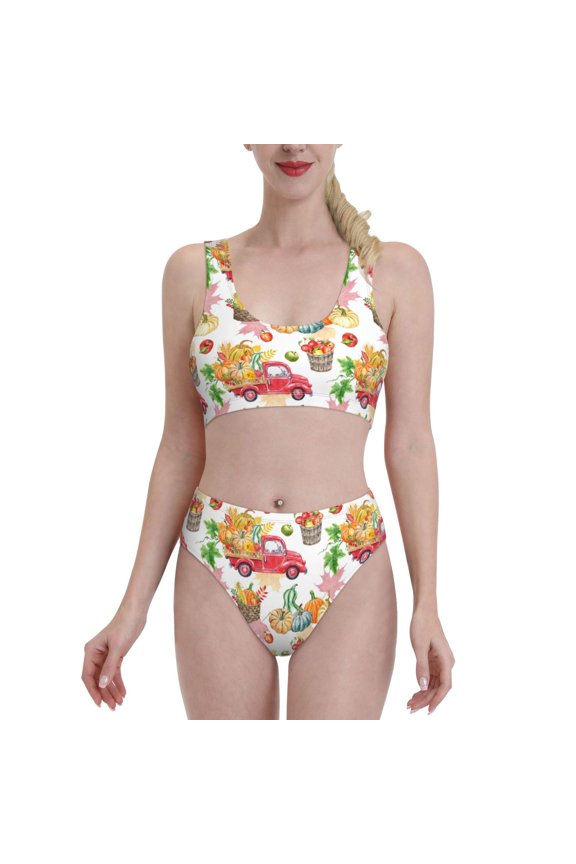 Fall harvest truck pumpkin for Womens High Waisted Bikini Top Sports Style Two Piece Bathing Suits